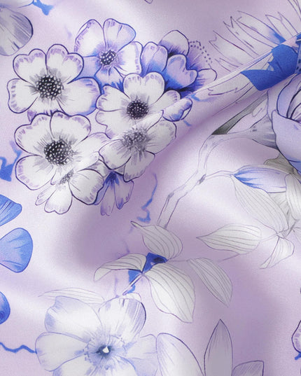 Lavender Bliss Pure Silk Satin Fabric with Blue Botanical Print - Elegant Italian Silk Fabric, 140cm Width-D18702