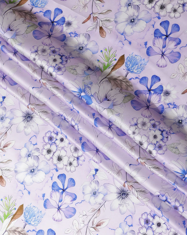 Lavender Bliss Pure Silk Satin Fabric with Blue Botanical Print - Elegant Italian Silk Fabric, 140cm Width-D18702