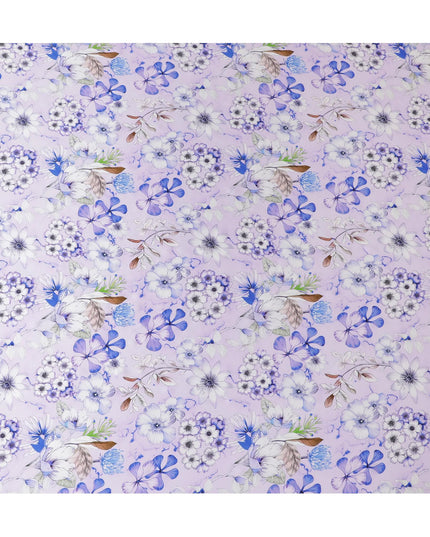 Lavender Bliss Pure Silk Satin Fabric with Blue Botanical Print - Elegant Italian Silk Fabric, 140cm Width-D18702