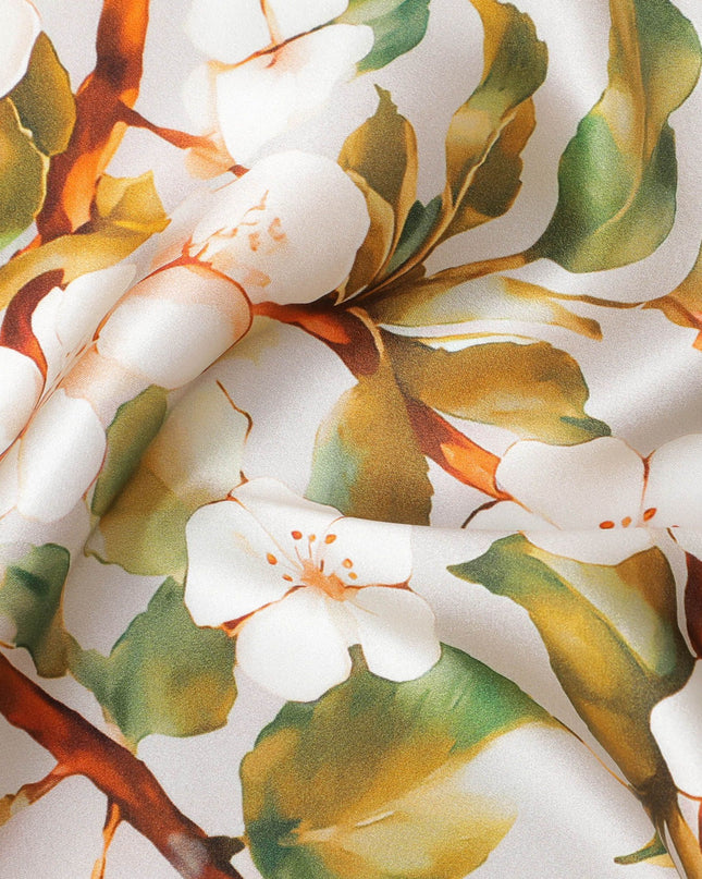 Vanilla Blossom Pure Silk Satin Fabric - Lush Botanical Print, Exquisite Italian Quality, 140cm Width-D18703
