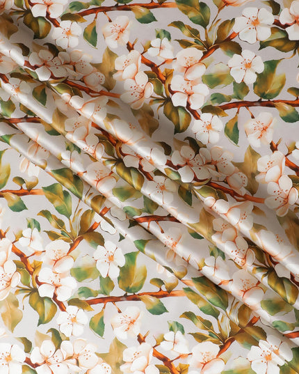 Vanilla Blossom Pure Silk Satin Fabric - Lush Botanical Print, Exquisite Italian Quality, 140cm Width-D18703