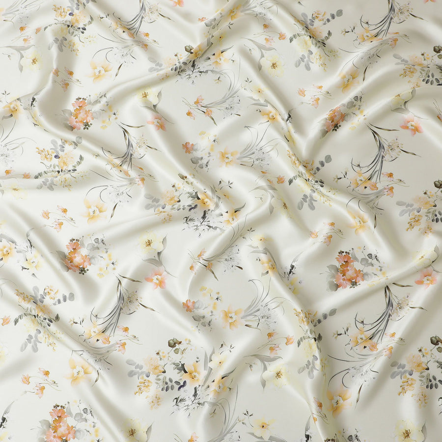 قماش ساتان حرير خالص أنيق بلون الشامبانيا مع زخرفة زهور ناعمة - أقمشة إيطالية راقية، بعرض 140 سم -D18704