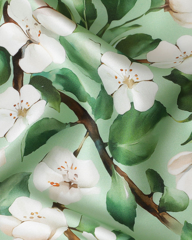 Premium Italian Pure Silk Satin Fabric with Delicate White Blossom Print, 140cm Wide-D18707