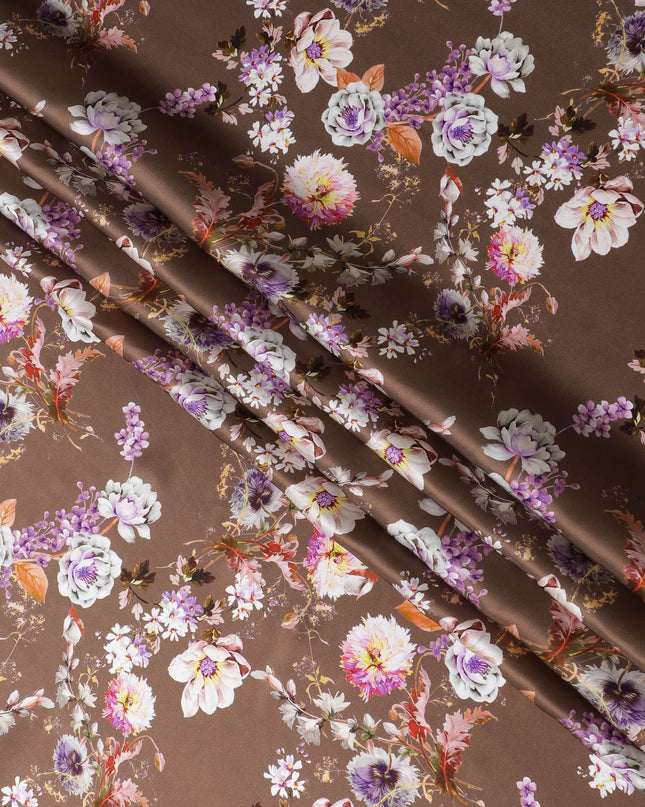 Chic Brown Italian Pure Silk Satin Fabric with Lavender Floral Print, 140cm Wide - Luxurious Textile Artistry-D18708