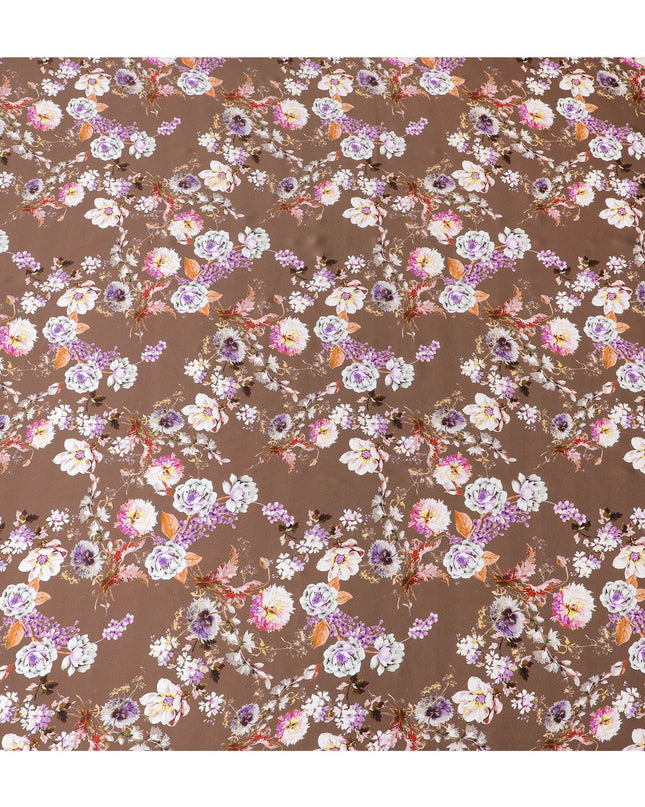 Chic Brown Italian Pure Silk Satin Fabric with Lavender Floral Print, 140cm Wide - Luxurious Textile Artistry-D18708