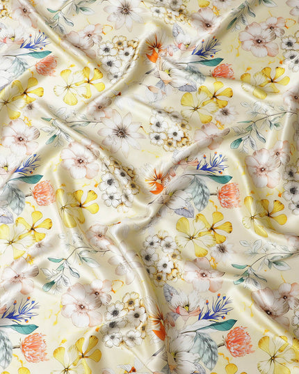 Sunshine Yellow Italian Pure Silk Satin Fabric with Vibrant Multi-Color Floral Print, 140cm Wide - Summery Elegance-D18709