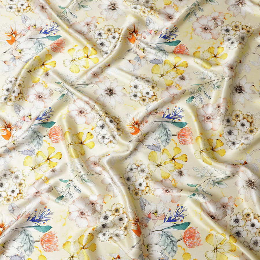 قماش ساتان حرير خالص إيطالي أصفر صن شاين مع طباعة زهور متعددة الألوان نابضة بالحياة، بعرض 140 سم - أناقة صيفية-D18709