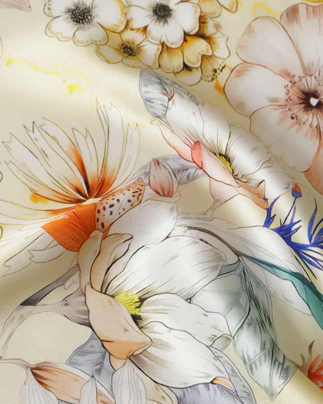 Sunshine Yellow Italian Pure Silk Satin Fabric with Vibrant Multi-Color Floral Print, 140cm Wide - Summery Elegance-D18709