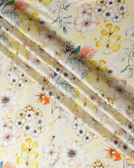 Sunshine Yellow Italian Pure Silk Satin Fabric with Vibrant Multi-Color Floral Print, 140cm Wide - Summery Elegance-D18709