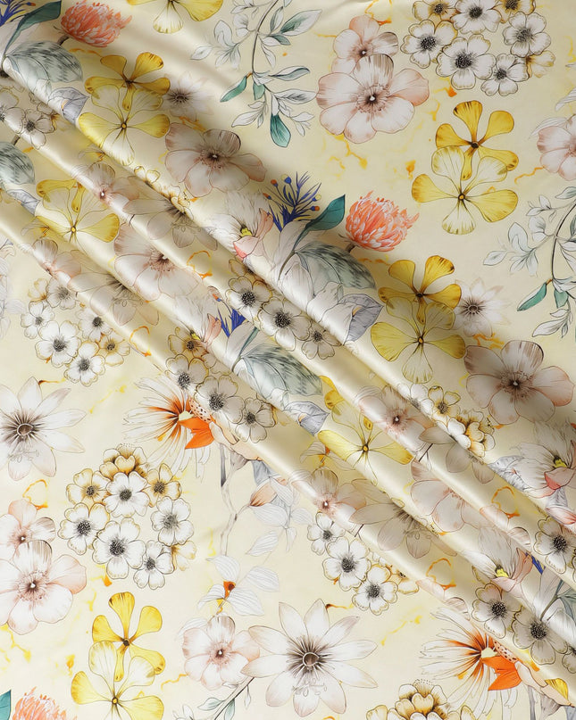 Sunshine Yellow Italian Pure Silk Satin Fabric with Vibrant Multi-Color Floral Print, 140cm Wide - Summery Elegance-D18709