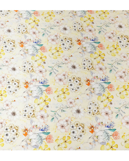 Sunshine Yellow Italian Pure Silk Satin Fabric with Vibrant Multi-Color Floral Print, 140cm Wide - Summery Elegance-D18709