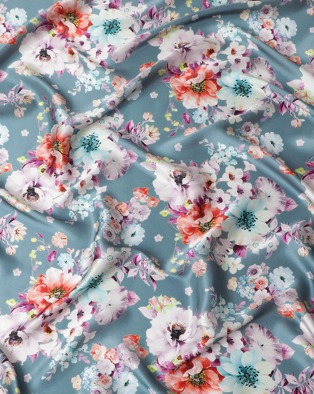 Sophisticated Dusty Blue Italian Pure Silk Satin Fabric with Vivid Floral Print, 140cm Wide - Timeless Fashion Canvas-D18710