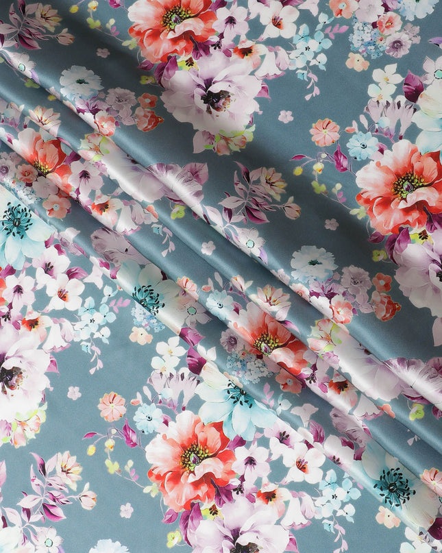 Sophisticated Dusty Blue Italian Pure Silk Satin Fabric with Vivid Floral Print, 140cm Wide - Timeless Fashion Canvas-D18710