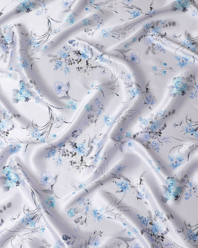 Elegant White Italian Pure Silk Satin Fabric with Blue Botanical Print, 140cm Wide - Refined & Versatile-D18711