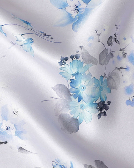 Elegant White Italian Pure Silk Satin Fabric with Blue Botanical Print, 140cm Wide - Refined & Versatile-D18711