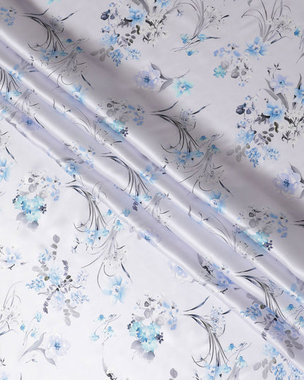 Elegant White Italian Pure Silk Satin Fabric with Blue Botanical Print, 140cm Wide - Refined & Versatile-D18711