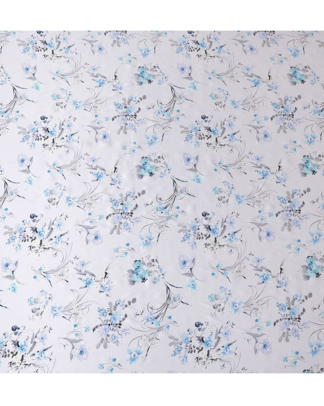Elegant White Italian Pure Silk Satin Fabric with Blue Botanical Print, 140cm Wide - Refined & Versatile-D18711