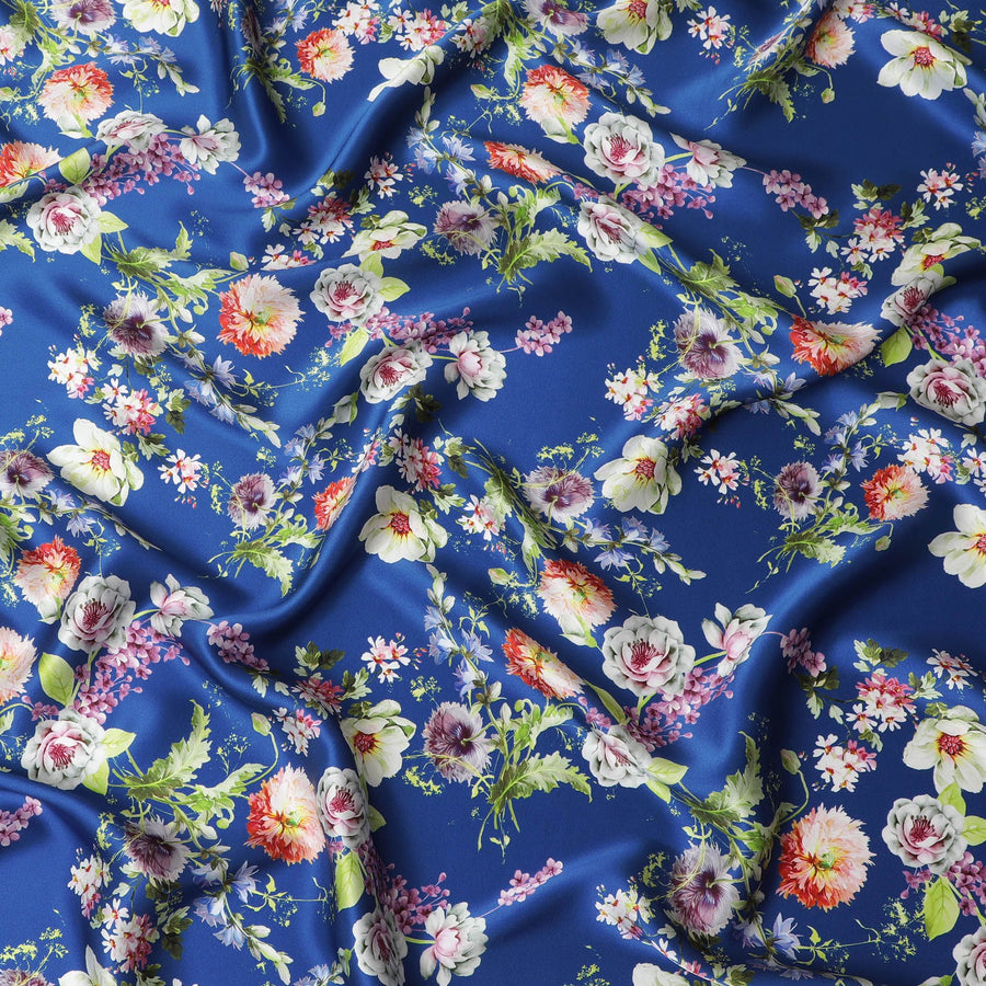 Royal Blue Italian Pure Silk Satin Fabric with Exquisite Mixed Floral Print, 140cm Wide - Luxuriously Tailored-D18712