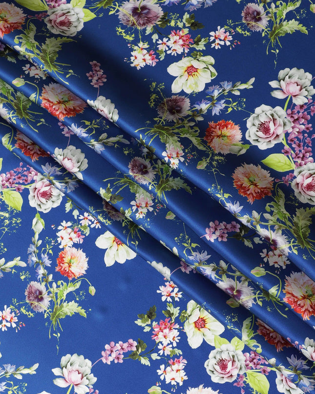 Royal Blue Italian Pure Silk Satin Fabric with Exquisite Mixed Floral Print, 140cm Wide - Luxuriously Tailored-D18712
