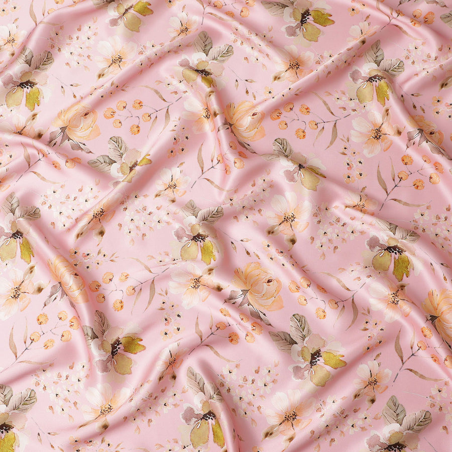 Blush Blossom Pure Silk Satin Fabric - Delicate Floral Print, Made in Italy, 140cm Wide-D18714