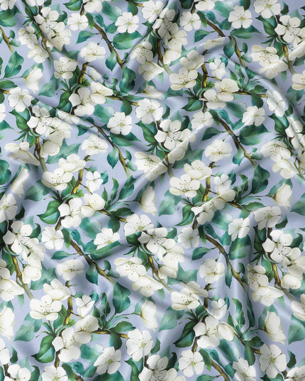 Crisp White Jasmine Pure Silk Satin Fabric - Italian Crafted, Serene Floral Pattern, 140cm Width-D18715