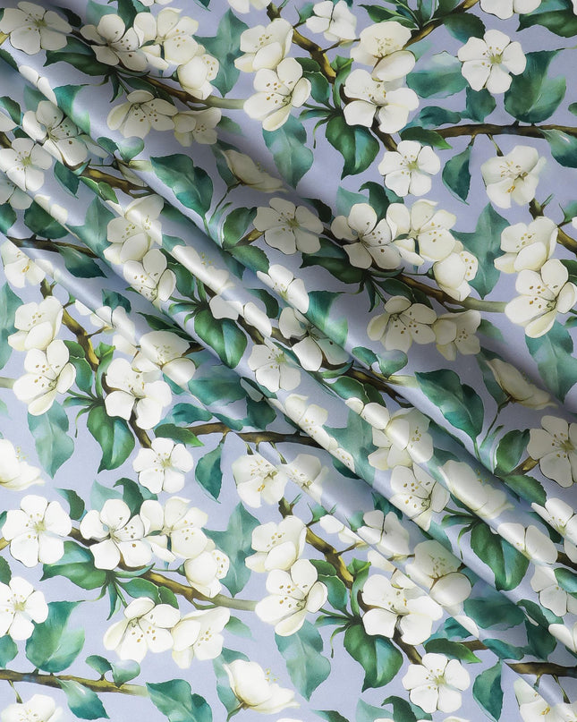 Crisp White Jasmine Pure Silk Satin Fabric - Italian Crafted, Serene Floral Pattern, 140cm Width-D18715
