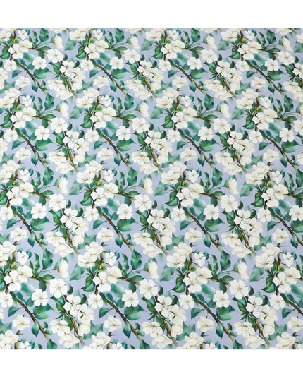 Crisp White Jasmine Pure Silk Satin Fabric - Italian Crafted, Serene Floral Pattern, 140cm Width-D18715