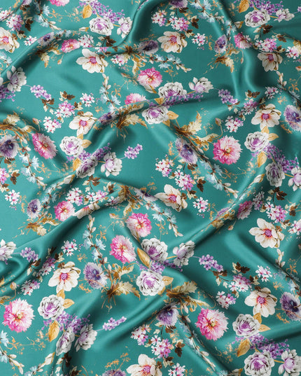 Emerald Garden Pure Silk Satin Fabric - Vibrant Floral Print, Luxurious Italian Quality, 140cm-D18716