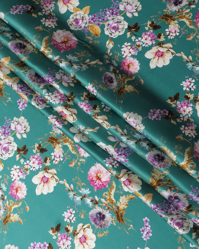 Emerald Garden Pure Silk Satin Fabric - Vibrant Floral Print, Luxurious Italian Quality, 140cm-D18716