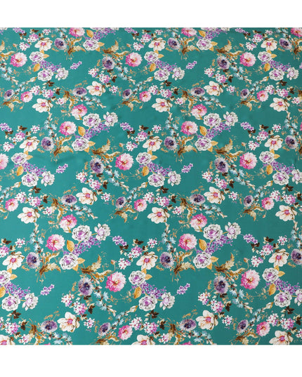 Emerald Garden Pure Silk Satin Fabric - Vibrant Floral Print, Luxurious Italian Quality, 140cm-D18716