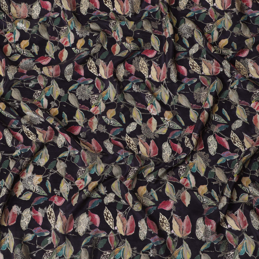 قماش كريب فسكوز ميدنايت بوتانيكا - طباعة أوراق شجر غريبة، صنع في الهند، عرض 110 سم -D18719