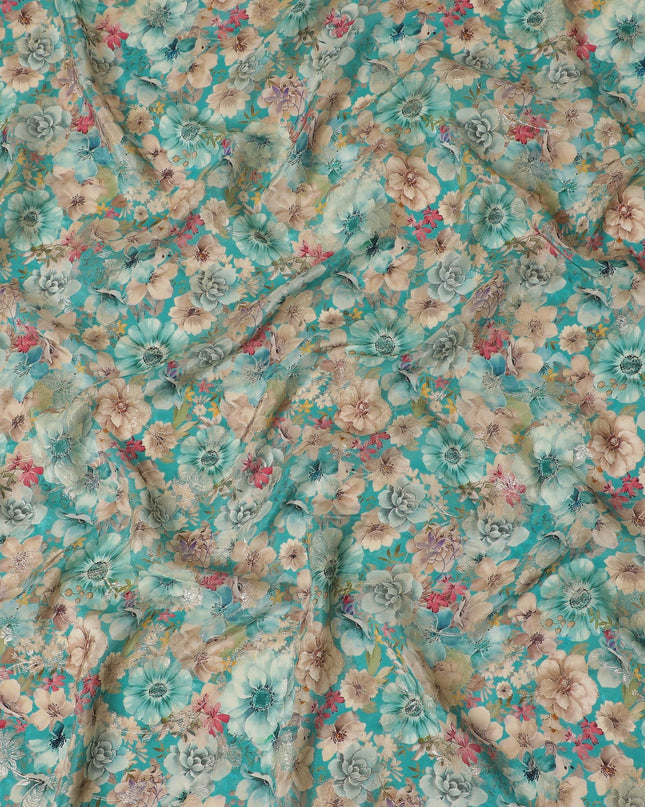 Aqua Blossom Viscose Crepe Fabric - Lively Floral Print, Premium Quality from India, 110cm Wide-D18720