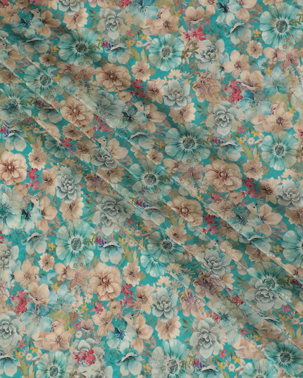 Aqua Blossom Viscose Crepe Fabric - Lively Floral Print, Premium Quality from India, 110cm Wide-D18720 Regal Fabrics