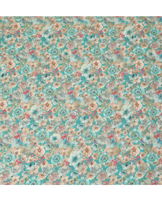 Aqua Blossom Viscose Crepe Fabric - Lively Floral Print, Premium Quality from India, 110cm Wide-D18720