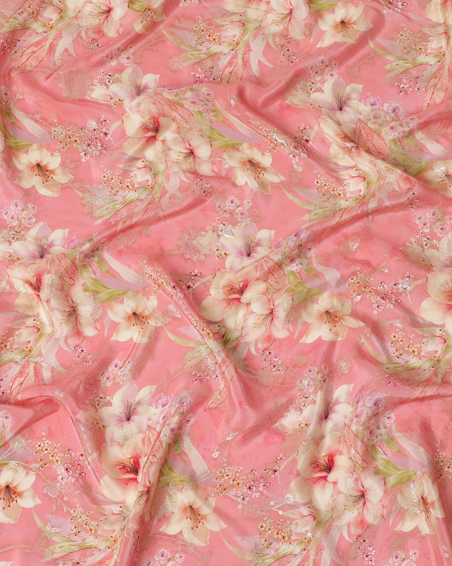 Pink Elegance Viscose Crepe Fabric - Delicate Floral Print with Sequin Details, 110cm Wide-D18721