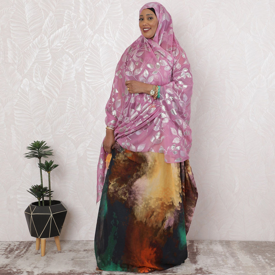 Elegant Pink Pure Silk Chiffon Fabric with Silver Leaf Design, 110cm Width - Traditional Garbasaar, Piece of 2.0 Mtrs-D18612