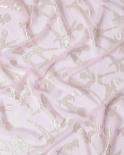 Sophisticated Blush Pink Pure Silk Chiffon Fabric with Silver Botanical Accents, 110cm Width - Traditional Garbasaar, Piece of 2.0 Mtrs-D18614 - Regal Fabrics