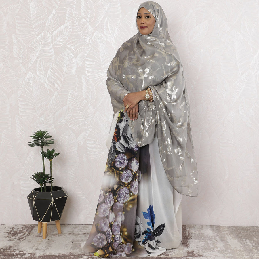 Classic Silver Pure Silk Chiffon Fabric with Golden Motifs, 110cm Width - Traditional Garbasaar, Piece of 2.0 Mtrs-D18615