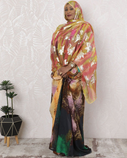 Sunset Hues Pure Silk Chiffon Fabric with Gold Leaf Embroidery, 110cm Width - Traditional Garbasaar, Piece of 2.0 Mtrs-D18616 - Regal Fabrics