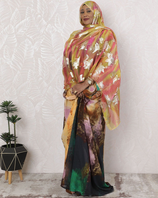 Sunset Hues Pure Silk Chiffon Fabric with Gold Leaf Embroidery, 110cm Width - Traditional Garbasaar, Piece of 2.0 Mtrs-D18616