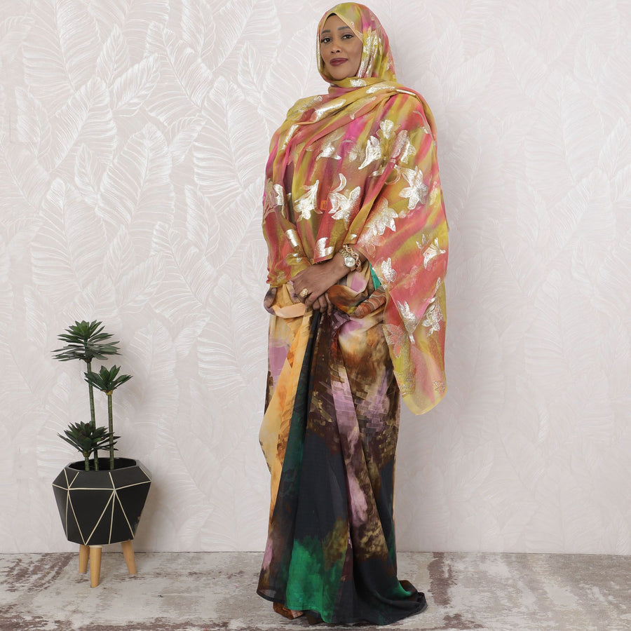 Sunset Hues Pure Silk Chiffon Fabric with Gold Leaf Embroidery, 110cm Width - Traditional Garbasaar, Piece of 2.0 Mtrs-D18616 - Regal Fabrics