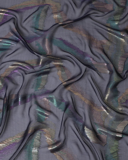 Mystic Charcoal Pure Silk Chiffon Fabric with Iridescent Brushstroke Accents, 110cm Width - Traditional Garbasaar, Piece of 2.0 Mtrs-D18618