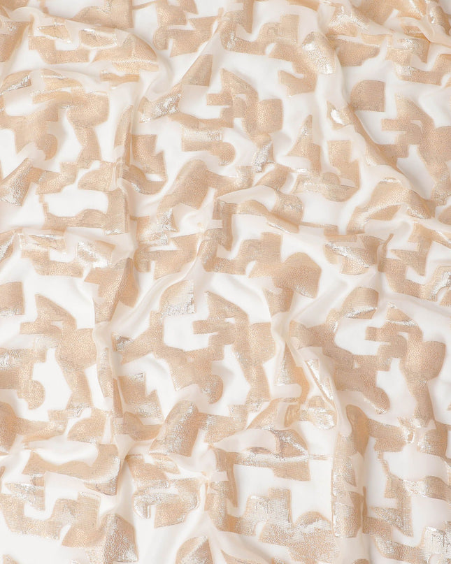 Ivory Opulence Pure Silk Chiffon Fabric with Golden Abstract Patterns, 110cm Width - Traditional Garbasaar, Piece of 2.0 Mtrs-D18620