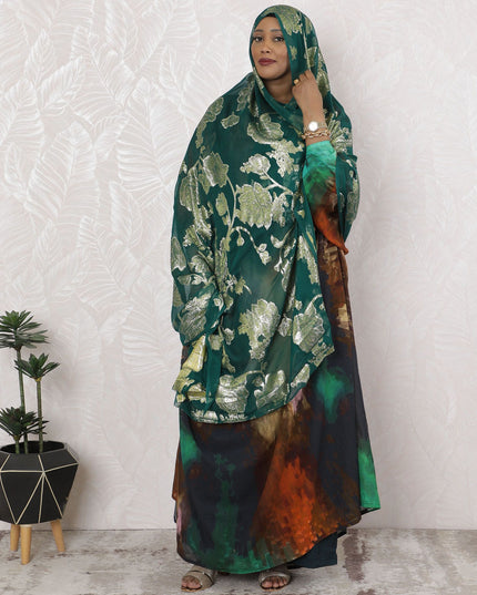 Emerald Elegance Pure Silk Chiffon Fabric with Silver Floral Embroidery, 110cm Width - Traditional Garbasaar, Piece of 2.0 Mtrs-D18621 - Regal Fabrics