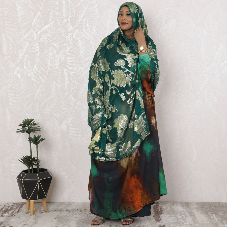 Emerald Elegance Pure Silk Chiffon Fabric with Silver Floral Embroidery, 110cm Width - Traditional Garbasaar, Piece of 2.0 Mtrs-D18621 - Regal Fabrics