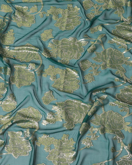 Emerald Elegance Pure Silk Chiffon Fabric with Silver Floral Embroidery, 110cm Width - Traditional Garbasaar, Piece of 2.0 Mtrs-D18621 - Regal Fabrics