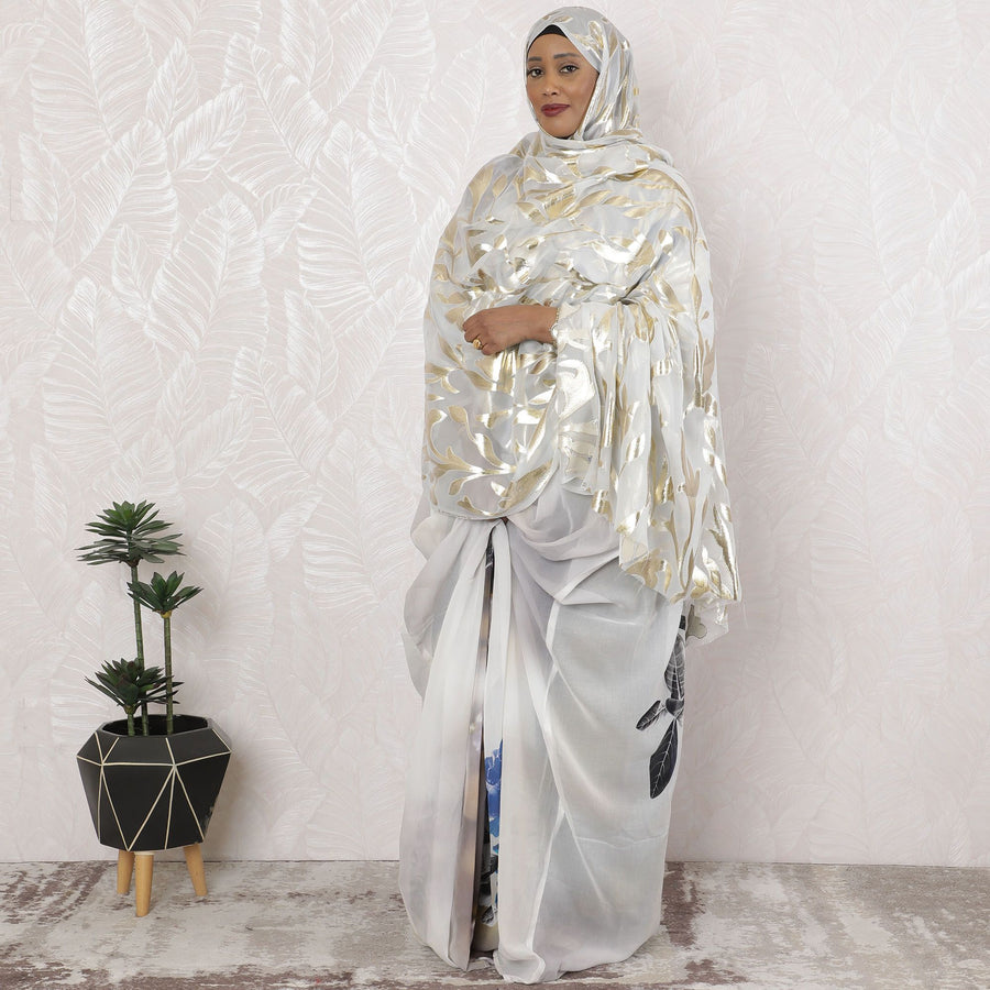 Gleaming Ivory Pure Silk Chiffon Fabric with Golden Leaf Patterns, 110cm Width - Traditional Garbasaar, Piece of 2.0 Mtrs-D18622 - Regal Fabrics