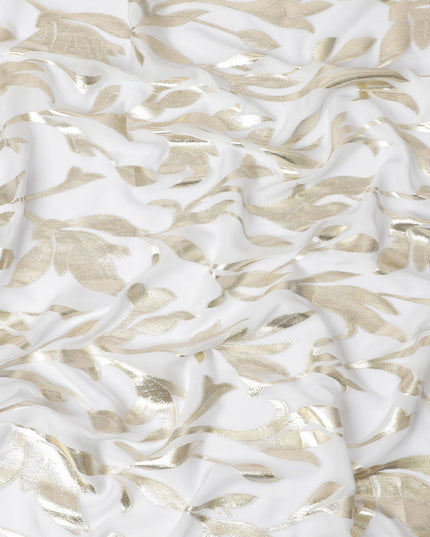Gleaming Ivory Pure Silk Chiffon Fabric with Golden Leaf Patterns, 110cm Width - Traditional Garbasaar, Piece of 2.0 Mtrs-D18622 - Regal Fabrics