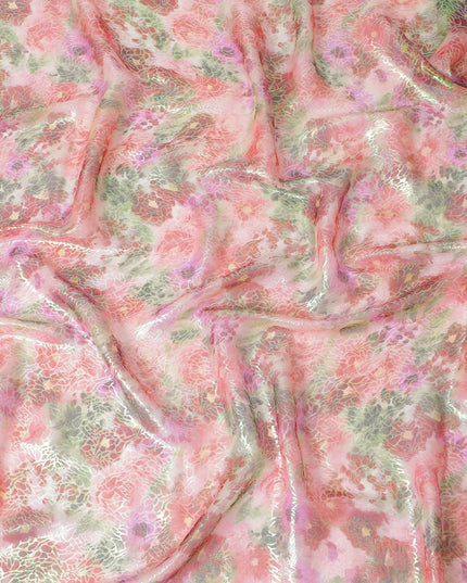 Blush Garden Pure Silk Chiffon Fabric with Floral Print and Iridescent Highlights, 110cm Width - Traditional Garbasaar, Piece of 2.0 Mtrs-D18623