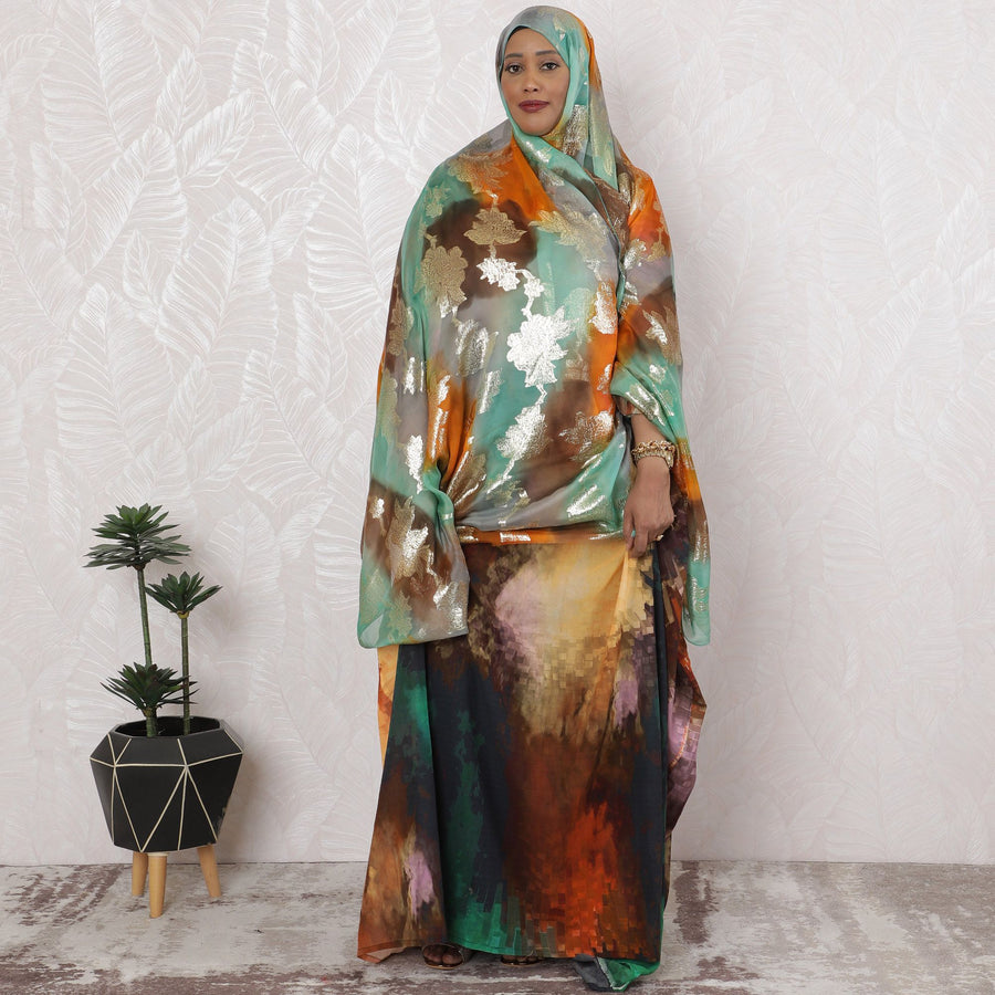 Sunset Mirage Pure Fransawi Silk Chiffon Fabric with Gold Leaf Embroidery, 110cm Width - Traditional Garbasaar, Piece of 2.0 Mtrs-D18628